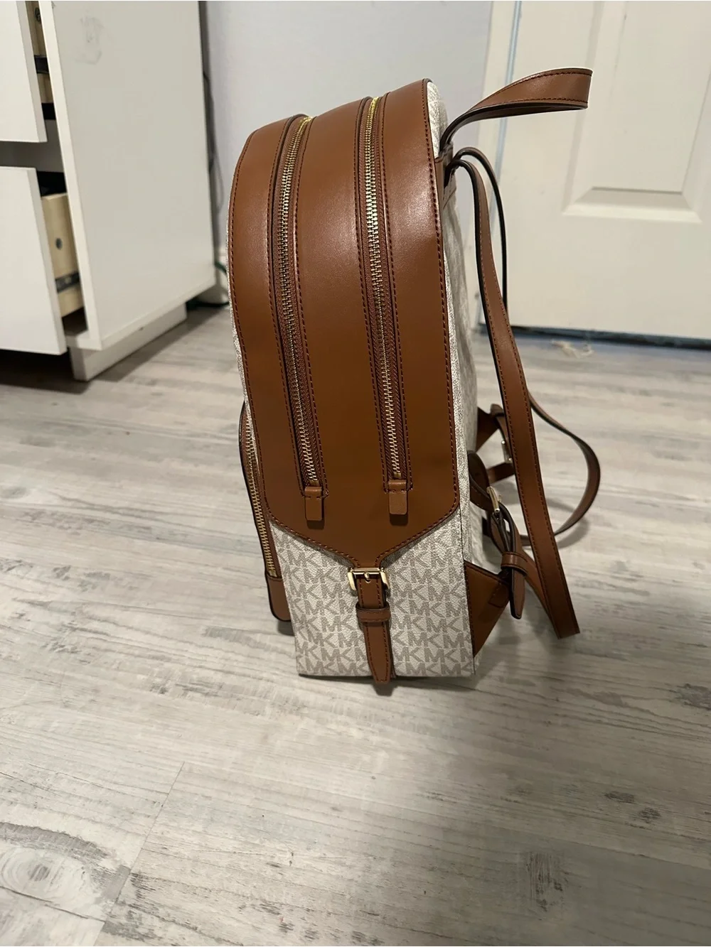 Michael Kors Vanilla MK Logo Backpack with Brown Trim